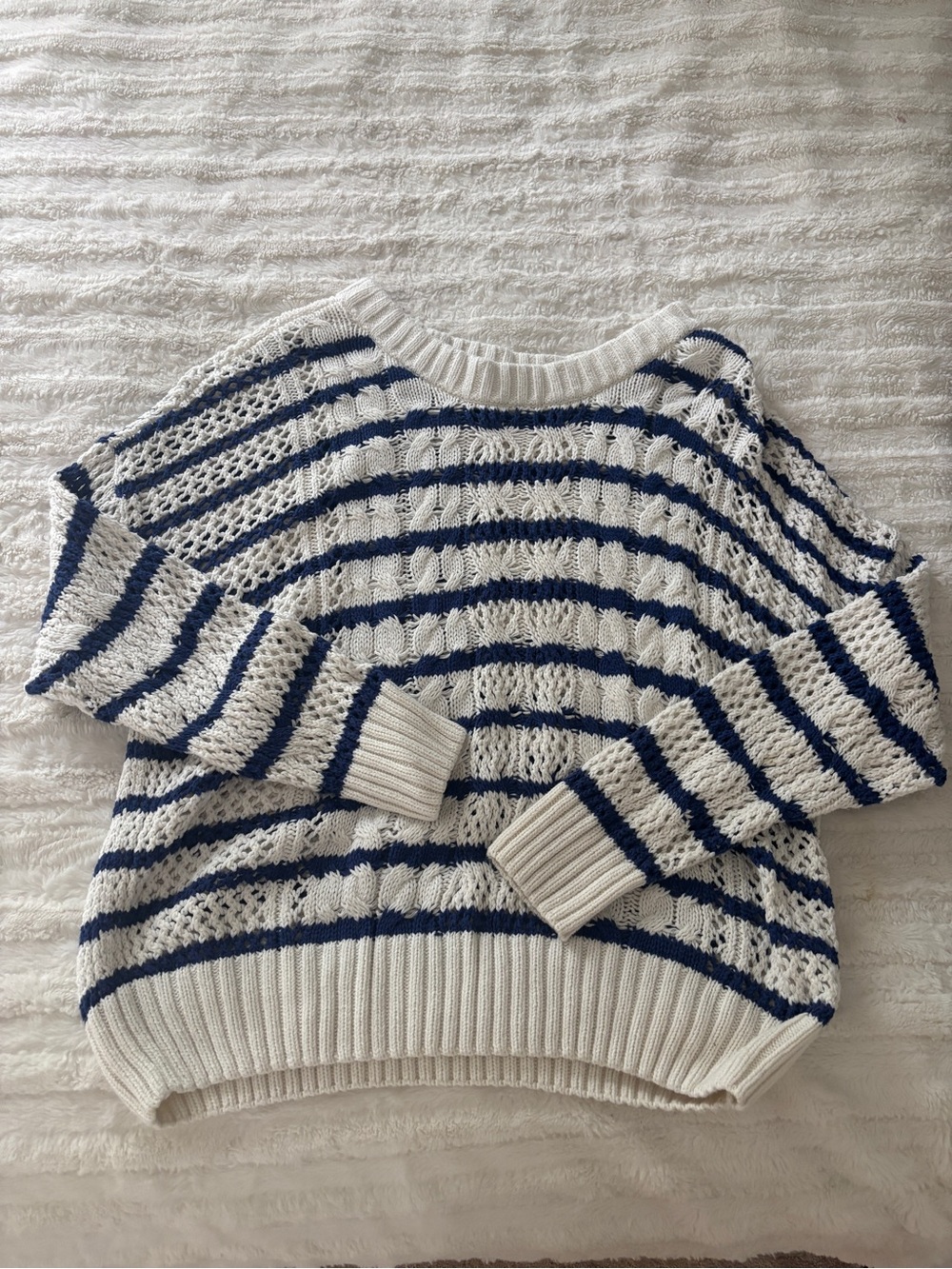 Sonoma Open-Knit Striped Off-the-Shoulder Sweater - White & Navy